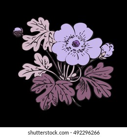 Floral bush retro on black background vector, hand drawn decorative flower vintage contour, closeup branch with flowers and buds print design