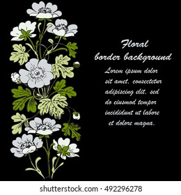 Floral bush retro on black background vector, hand drawn decorative flower vintage contour, closeup branch with flowers and buds print design
