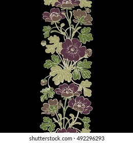 Floral bush retro on black background vector, hand drawn decorative flower vintage contour, closeup branch with flowers and buds print design