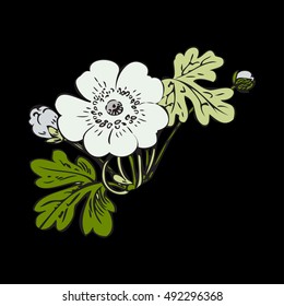 Floral bush retro on black background vector, hand drawn decorative flower vintage contour, closeup branch with flowers and buds print design