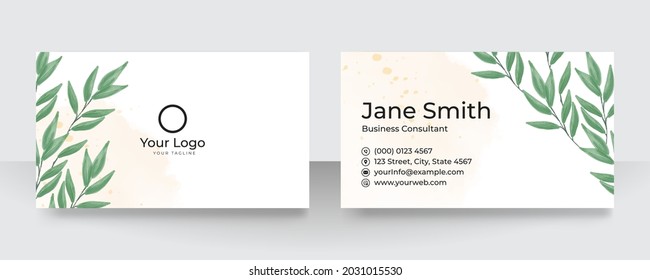 Floral business card design templates with leaves, line art, wavy pattern element. Vector illustration for company identity, flier, poster and more