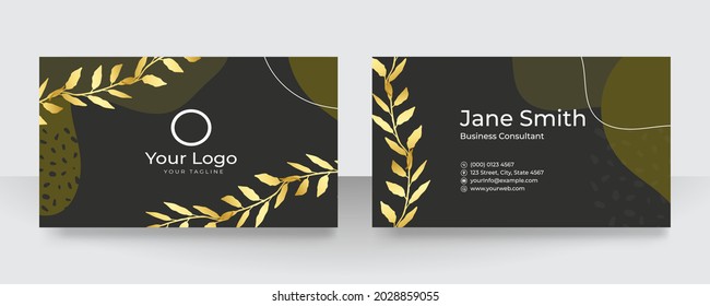 Floral business card design. Vintage anemone flower floral leaves frame pattern in modern style with golden frame. Complied with the standard size. Elegant delicate tender creative layout