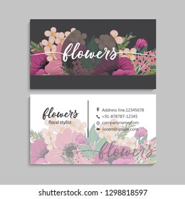 Floral business card template design on dark background,. Vintage flower pattern in modern style. .
