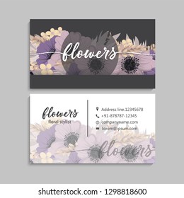 Floral business card template design on dark background,. Vintage flower pattern in modern style. .