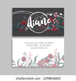 Floral business card template design on dark background,. Vintage flower pattern in modern style. .