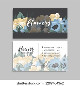 Floral business card template design on dark background,. Vintage flower pattern in modern style. .