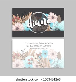 Floral business card template design on dark background,. Vintage flower pattern in modern style. .