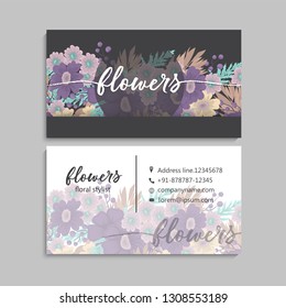 Floral business card template design on dark background,. Vintage flower pattern in modern style. .
