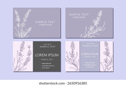 Modelo Floral de Cartão de Visita com Lavanda. Elegante Design de Cartão Botânico. Desenho Floral De Arte Linear.  Layout delicado de cartão de visita.  Modelo de vetor para empresas. Fundo floral