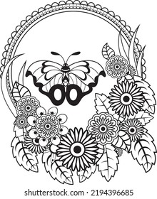 Floral butterfly flowers, butterfly coloring page for kids