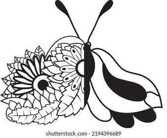 Floral butterfly flowers, butterfly coloring page for kids