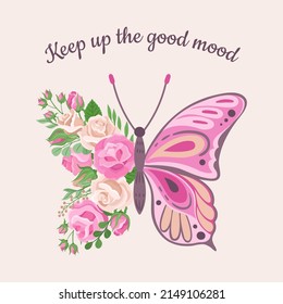 Floral butterfly. Flowers and half butterflies, youth clothing print. Roses bouquet wings and slogan. Fashion girl graphic, spring summer neoteric vector design