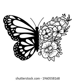 Floral butterfly. Flowers and butterfly. Outline drawing. Line vector illustration isolated on white background. Design for invitations, wedding or greeting cards.