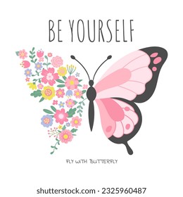 Floral butterfly graphic art. Flat flowers and butterflies wing, fashion cloths printable graphic art. Motivation nature print, nowaday vector background