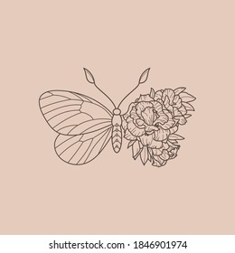 Floral Butterfly icon in a Linear Minimalist trendy style. Vector outline Emblem of Wings with Flowers for creating logos of beauty salons, manicures, massages, spas, jewelry, tattoos, and handmade.