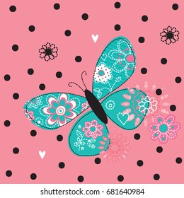 floral butterfly on polka dots background, love greeting invitation birthday card, T-shirt graphics for kids, book cover, cute cartoon butterfly vector illustration