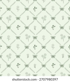 Patrón floral de la mariposa con las flores delicadas, los subgrupos que fluyen, y el follaje detallado ideal para la tela, el Fondo de pantalla, el papel de embalaje, y botánico