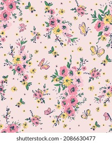 FLORAL WITH BUTTERFLY SEAMLESS PATTERN DESIGN VECTOR ILLUSTRATION