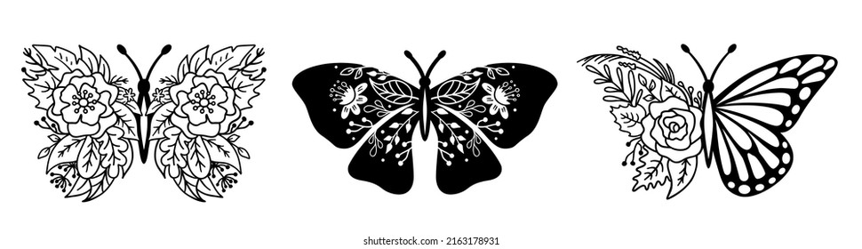 Floral butterfly silhouette set. Vector monochrome illustration isolated on white background. Various moths with flower wings.