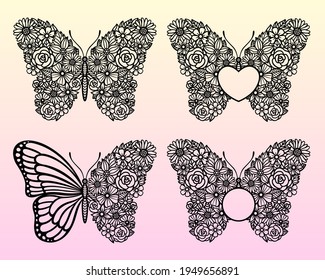Floral butterfly. Vector set. Split monogram for text. Insect silhouette. Template for laser and paper cutting, printing on a T-shirt, mug. Flat style. Hand drawn decorative element for your design.