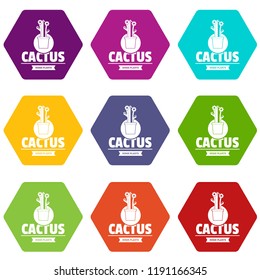 Floral cactus icons 9 set coloful isolated on white for web
