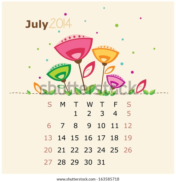 Floral Calendar 14 July Stock Vector Royalty Free