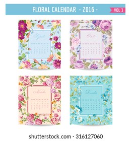Floral Calendar - 2016 - with Vintage Flowers - in vector : volume 3