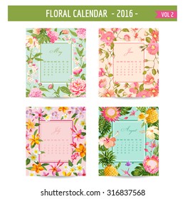 Floral Calendar - 2016 - with Vintage Flowers - in vector - vol.2