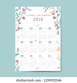 Floral Calendar 2019 Vector Poster