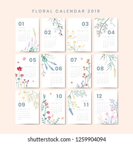 Floral Calendar 2019 Vector Set