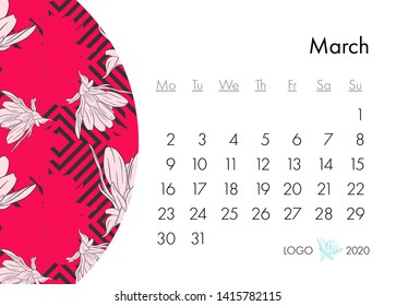 Floral calendar 2020 with fashion print. Plant in blossom, branch with flower ink sketch. Vector illustration for your template design