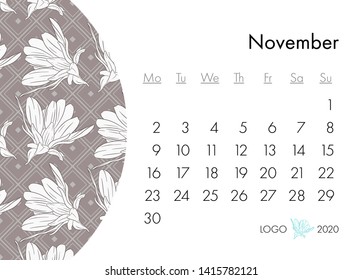 Floral calendar 2020 with fashion print. Plant in blossom, branch with flower ink sketch. Vector illustration for your template design