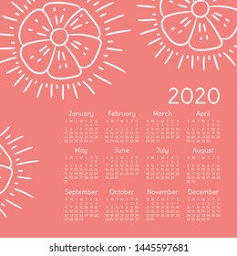 Floral calendar 2020. Flowers. Week starts on Sunday. English square calender design template