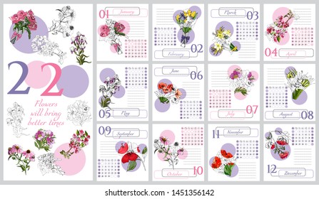 Floral calendar 2020 with hand drawn different flowers in sketch style. Monochrome and colored objects in pink and lilac circles. Vector illustration.