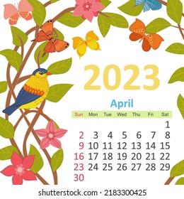 floral calendar 2023, april. colorful blooming frame with bird