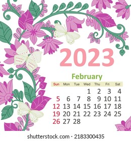 floral calendar 2023, february. colorful blooming frame with butterflies