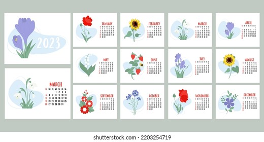 Floral calendar 2023. Flowers snowdrops, lily of the valley, poppy, sunflower, irises, crocuses and mallows. Horizontal template 12 pages and cover in English. Vector illustration. Week from Sunday.