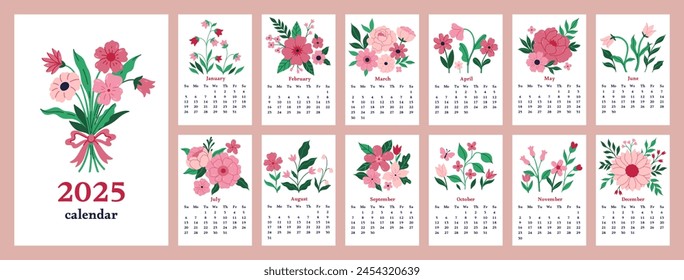 Floral calendar 2025. Set of month page templates decorated with beautiful flowers on a white background. Vector graphics.