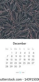 Floral calendar december 2020 with fashion print. Plant in blossom, branch with flower ink sketch. Vector illustration for your template design