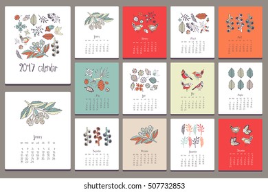 Floral calendar. Hand drawn doodle elements.