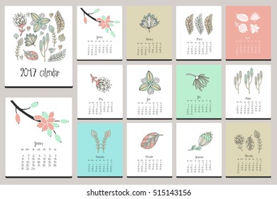 Floral calendar. Hand drawn doodle elements.