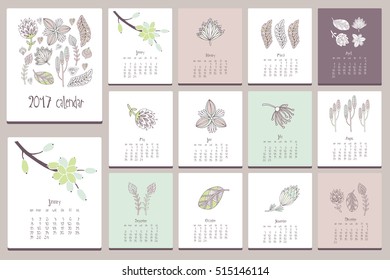 Floral calendar. Hand drawn doodle elements.