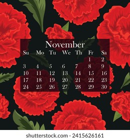 floral calendar for the month of November 2024, which consists of open buds of hairy carnations, green leaves and closed buds, vector