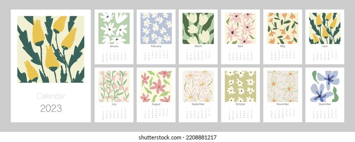 Blumenkalender-Vorlage für 2023. Vertikales Design mit hellen bunten Blumen und Blättern. Bearbeitbare Illustrationsseite Vorlage A4, A3, Satz von 12 Monaten mit Abdeckung. Vektorgitter. Die Woche beginnt am Montag.