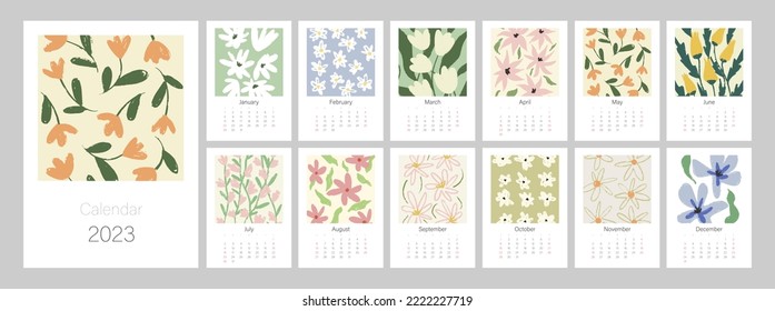 Blumenkalender-Vorlage für 2023. Vertikales Design mit hellen bunten Blumen und Blättern. Bearbeitbare Illustrationsseite Vorlage A4, A3, Satz von 12 Monaten mit Abdeckung. Vektorgitter. Die Woche beginnt am Sonntag.