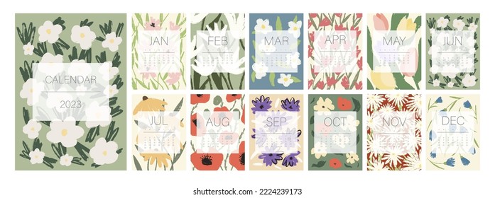 Blumenkalender-Vorlage für 2023. Vertikales Design mit hellen bunten Blumen und Blättern. Bearbeitbare Illustrationsseite Vorlage A4, A3, Satz von 12 Monaten mit Abdeckung. Vektorgitter. Die Woche beginnt am Sonntag.