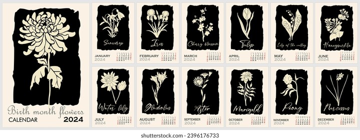 Floral calendar template for 2024 vector line art.