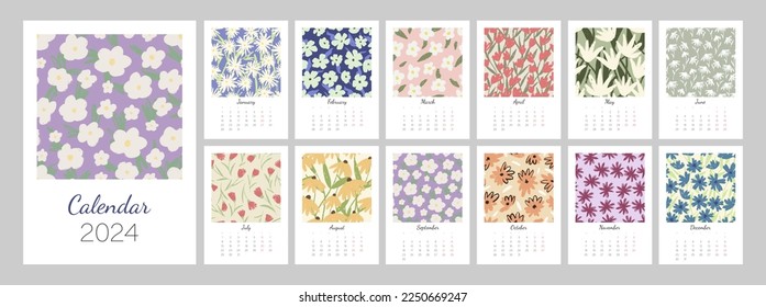 Floral calendar template for 2024. Vertical design with bright colorful flowers and leaves. Editable illustration page template A4, A3, set of 12 months with cover. Vector mesh. Week starts on Monday.