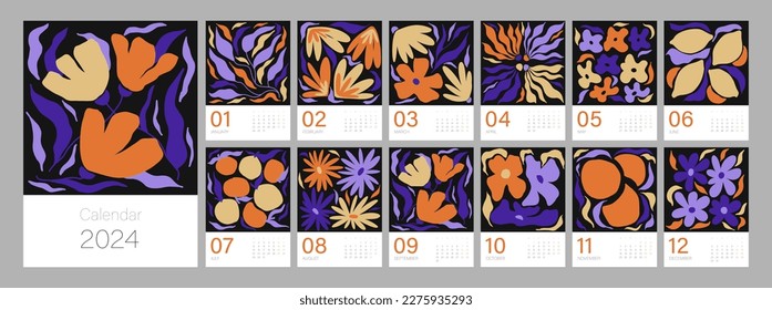 Floral calendar template for 2024. Vertical design with bright colorful flowers and leaves. Editable illustration page template A4, A3, set of 12 months with cover. Vector mesh. Week starts on Monday.