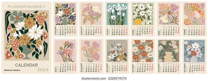 Floral calendar template for 2024 . Vertical design with abstract flowers. Vector illustration page template A3, A2 for printable wall monthly calendar. Week starts on Monday.